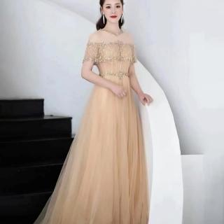【女神婚紗禮服】高階鑲鑽露肩宴會晚禮服LA70352 金色(敬酒服 主持)
