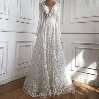 【女神婚紗禮服】高階V領長袖大氣奢華魚尾宴會晚禮服LA70159 白色(結婚 敬酒服)