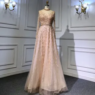 【女神婚紗禮服】高端奢華手工縫珠氣質宴會晚禮服 LA71378 金色長袖(宴會 媽媽服)