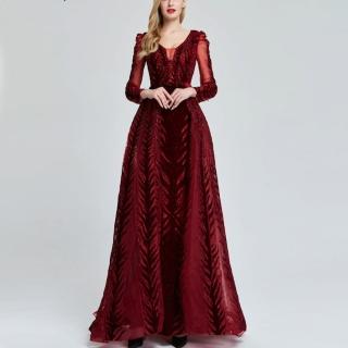 【女神婚紗禮服】高階小泡肩袖深V領天鵝絨宴會晚禮服 LA60903 酒紅色(媽媽服 晚宴服)