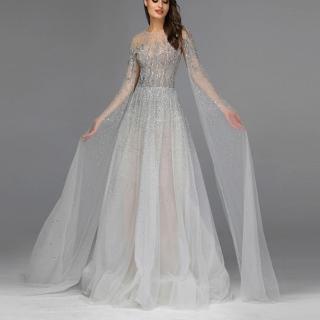 【女神婚紗禮服】高階U領長披肩宴會晚禮服LA60869 銀灰色(訂婚 結婚)