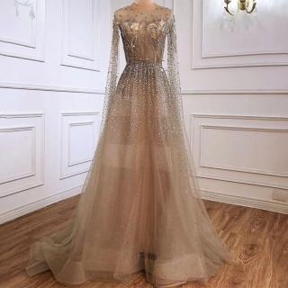 【女神婚紗禮服】高階U領長披肩宴會晚禮服LA60869 焦糖色(訂婚 結婚)