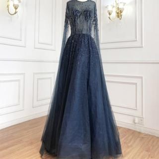 【女神婚紗禮服】高階U領長披肩宴會晚禮服LA60869 深藍色(訂婚 結婚)