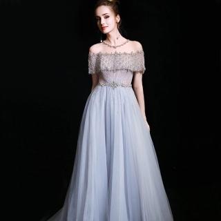 【女神婚紗禮服】高階鑲鑽露肩宴會晚禮服LA70352 淺藍色(敬酒服 主持)