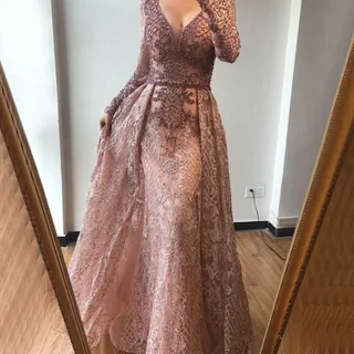 【女神婚紗禮服】高端V領長袖大氣奢華魚尾宴會晚禮服LA70159 粉色(結婚 敬酒服)