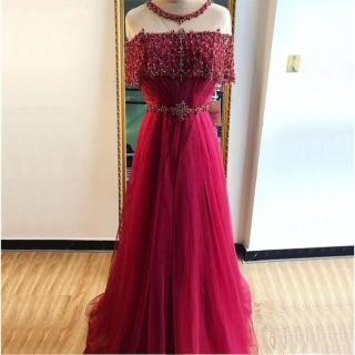 【女神婚紗禮服】高階鑲鑽露肩宴會晚禮服LA70352 酒紅色(敬酒服 主持)