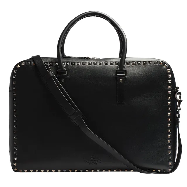 【VALENTINO】Rockstud仿舊鉚釘牛皮手提斜背公事包(黑HYR00391-AVH302-D12)