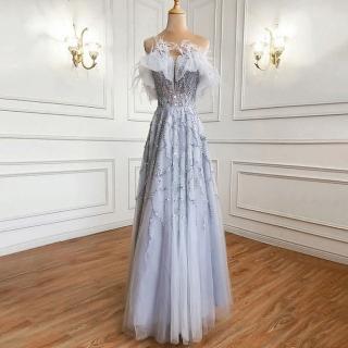【女神婚紗禮服】高階荷葉一字肩宴會晚禮服LA71328 灰色(訂婚 敬酒服)