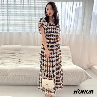 【HONOR 山形屋】後背兩截式菱格紋雪紡長洋裝(MOMO獨家限定)