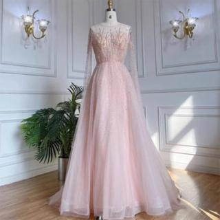 【女神婚紗禮服】高階U領長披肩宴會晚禮服LA60869 粉色(訂婚 結婚)