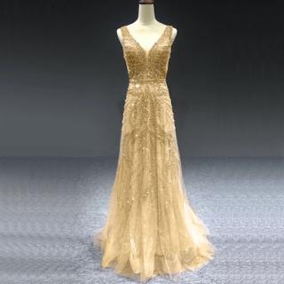 【女神婚紗禮服】高階金色V領無袖性感宴會晚禮服 LA70287 金色(年會主持人 演出)