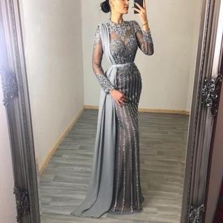 【女神婚紗禮服】高階多色立領長袖鑲鑽魚尾宴會晚禮服 LA70199 灰色含腰帶(宴會 主持)