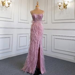 【女神婚紗禮服】高階吊帶羽毛修身魚尾宴會晚禮服LA71685 粉色(宴會 訂婚)