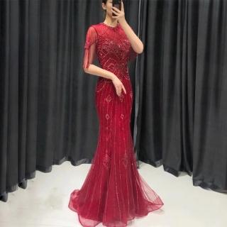 【女神婚紗禮服】高階氣質圓領修身魚尾宴會晚禮服 LA70646 酒紅色(宴會 演出)