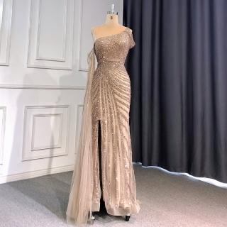 【女神婚紗禮服】高階單肩高叉魚尾宴會晚禮服LA71589 焦糖色(表演 晚宴)