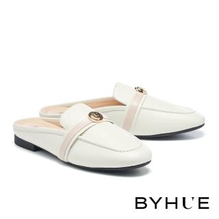 【BYHUE】知性質感LOGO飾釦全真皮軟芯Q底低跟穆勒拖鞋(米白)