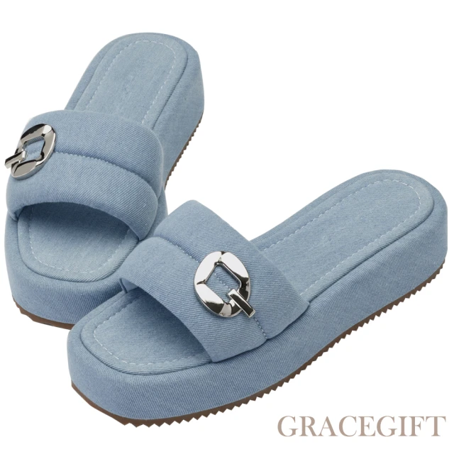 【Grace Gift】紀卜心聯名-泡泡棉花糖厚底拖鞋(牛仔)