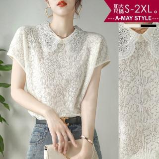 【艾美時尚】中大尺碼女裝 上衣 復古風娃娃領緹花針織衫。S-2XL(2色.預購)