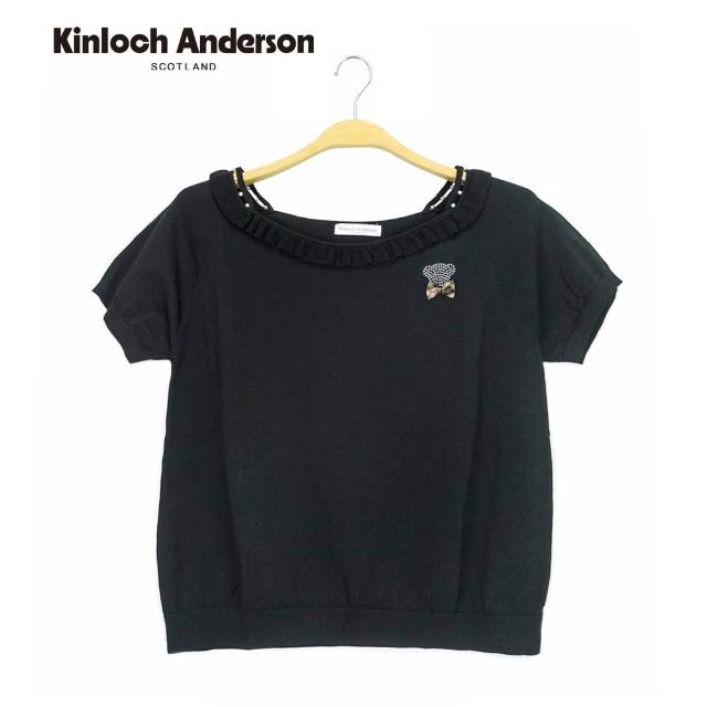 【Kinloch Anderson】短袖針織上衣 微方領荷葉萌甜熊頭水鑽蝴蝶結珠飾T恤 KA108901788  金安德森女裝(黑)