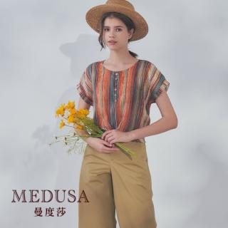 【MEDUSA 曼度莎】現貨-直紋交叉下襬亞麻上衣（M-XL）｜女上衣 女短袖上衣 亞麻(320-72201)