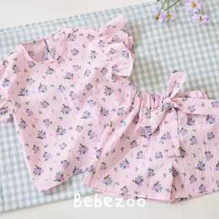 【BebeZoo】綁帶上衣+短褲套裝2件組-粉紫花卉荷葉袖(TM2305-135-SE103)