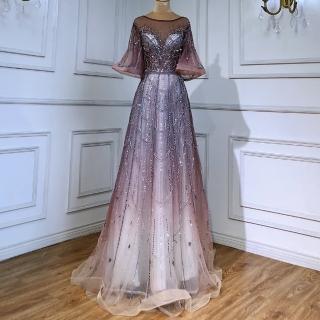 【女神婚紗禮服】高階U領喇叭袖手工縫珠宴會晚禮服 LA70822 紫色(表演 晚宴)