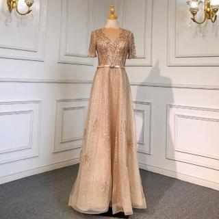 【女神婚紗禮服】高階U領短袖時尚手工縫珠宴會晚禮服LA71602 金色(婚宴 媽媽服)
