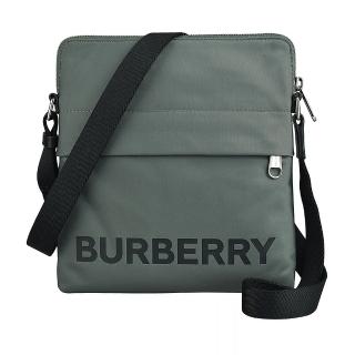 【BURBERRY 巴寶莉】BURBERRY Neo印黑字LOGO尼龍拉鍊斜揹包(灰)
