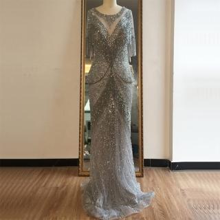 【女神婚紗禮服】高階五分袖流蘇氣質魚尾宴會晚禮服 LA70342 灰色(媽媽服 主持人)