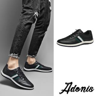 【Adonis】真皮休閒鞋 撞色休閒鞋/全真皮頭層牛皮撞色織帶造型透氣縷空沖孔休閒鞋-男鞋(黑)
