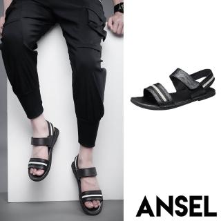【ANSEL】真皮涼鞋 平底涼鞋/真皮頭層牛皮撞色織帶魔鬼粘設計平底涼鞋-男鞋(黑)