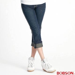 【BOBSON】女款反摺褲口伸縮7分牛仔褲(136-52)