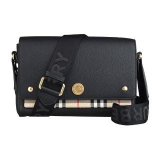 【BURBERRY 巴寶莉】BURBERRY Note金屬LOGO小牛皮拼接帆布磁釦式翻蓋肩背/斜揹包(黑x米格紋)