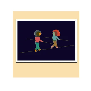 【摩達客】西班牙知名插畫家Judy Kaufmann藝術創作海報掛畫裝飾畫-朋友走鋼索(附本人簽名 含木框)