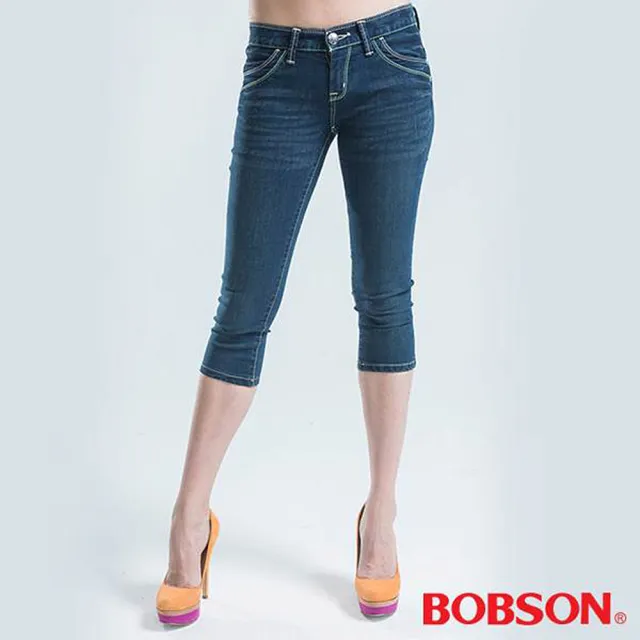 【BOBSON】彩線伸縮七分褲(藍色)