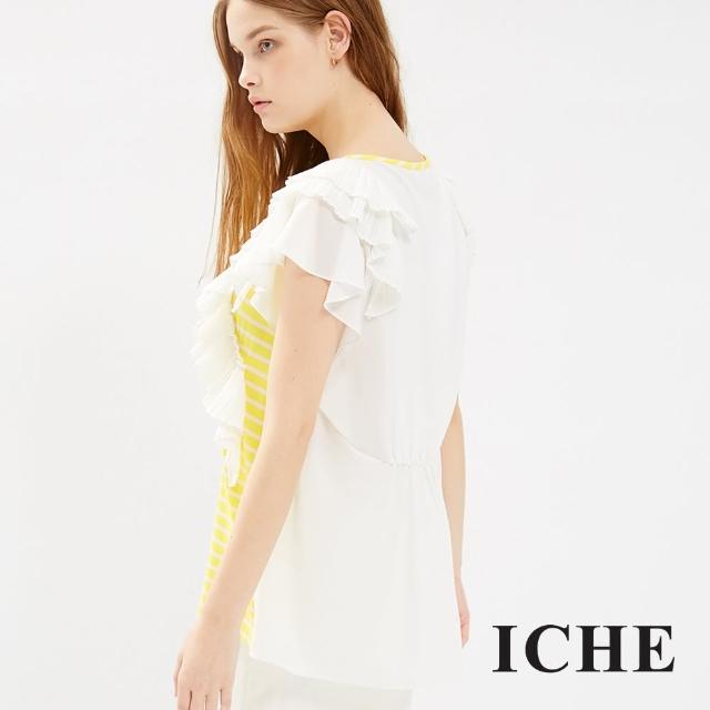 【ICHE 衣哲】立體荷葉層次條紋拼接造型上衣
