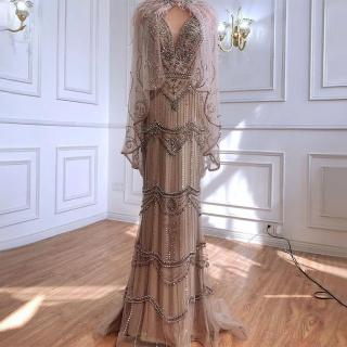 【女神婚紗禮服】高階披肩鑲鑽羽毛魚尾宴會晚禮服LA70171A 焦糖色(頒獎禮服 主持人)