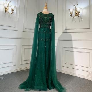【女神婚紗禮服】高階圓領飄袖披肩墜地宴會晚禮服LA71620 綠色(主持人 頒獎禮服)