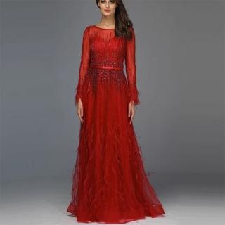 【女神婚紗禮服】高階多色網紗羽毛修身顯瘦宴會晚禮服 LA60836 紅色(頒獎禮服 晚宴服)