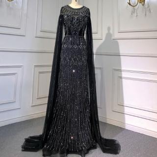 【女神婚紗禮服】高階圓領飄袖披肩墜地宴會晚禮服LA71620 黑色(主持人 頒獎禮服)
