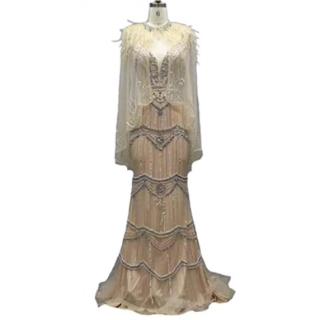 【女神婚紗禮服】高階披肩鑲鑽羽毛魚尾宴會晚禮服LA70171A 金色(頒獎禮服 主持人)