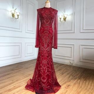 【女神婚紗禮服】高階圓領手工縫珠魚尾墜地宴會晚禮服LA71027 酒紅色(主持人 酒會)