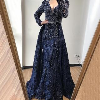 【女神婚紗禮服】高階大碼深藍色V領魚尾宴會晚禮服 LA70223 深藍色(婚宴服 媽媽服)