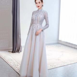 【女神婚紗禮服】極致立領長袖漸變色宴會晚禮服 LA70514 銀色(晚宴服 演奏家)