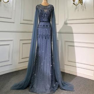 【女神婚紗禮服】高階圓領飄袖披肩墜地宴會晚禮服LA71620 藍灰色(主持人 頒獎禮服)