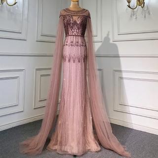 【女神婚紗禮服】高階圓領飄袖披肩墜地宴會晚禮服LA71620 粉色(主持人 頒獎禮服)