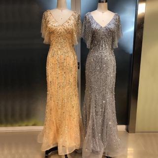 【女神婚紗禮服】極致深V短袖奢華縫珠宴會晚禮服LA60933 金色(頒獎禮服 年會主持人)