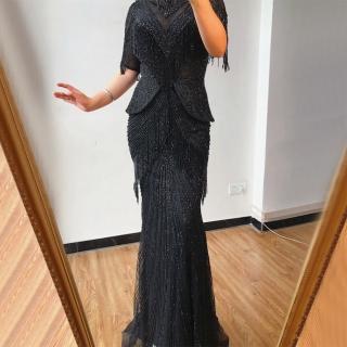 【女神婚紗禮服】高階五分袖流蘇氣質魚尾宴會晚禮服 LA70342 黑色(媽媽服 主持人)