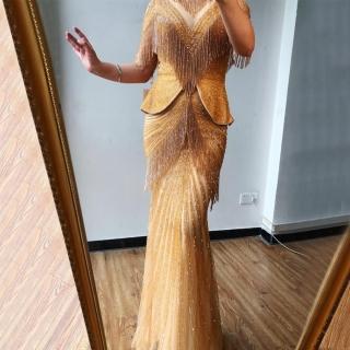 【女神婚紗禮服】高階五分袖流蘇氣質魚尾宴會晚禮服 LA70342 金色(媽媽服 主持人)