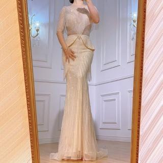 【女神婚紗禮服】高階五分袖流蘇氣質魚尾宴會晚禮服 LA70342 米白色(媽媽服 主持人)